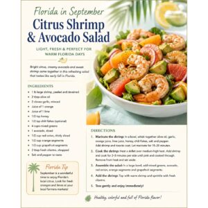Citrus shrimp and avocado salad in a white bowl, with recipe and ingredients