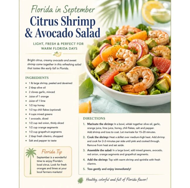 Citrus shrimp and avocado salad in a white bowl, with recipe and ingredients