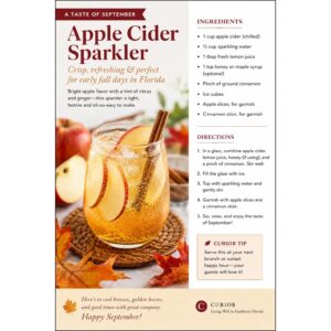 Apple cider sparkler cocktail with apple slices and a cinnamon stick, with recipe