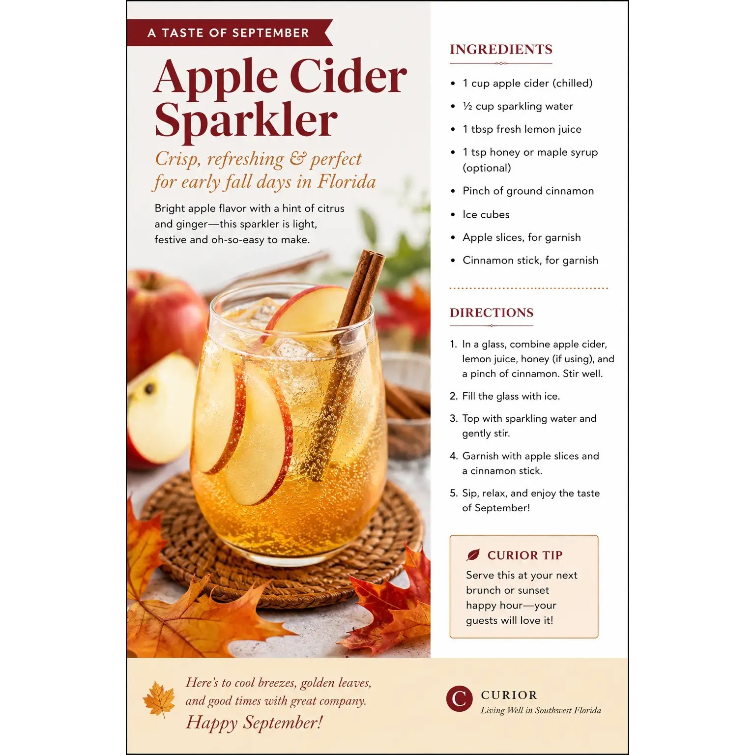 Apple cider sparkler cocktail with apple slices and a cinnamon stick, with recipe