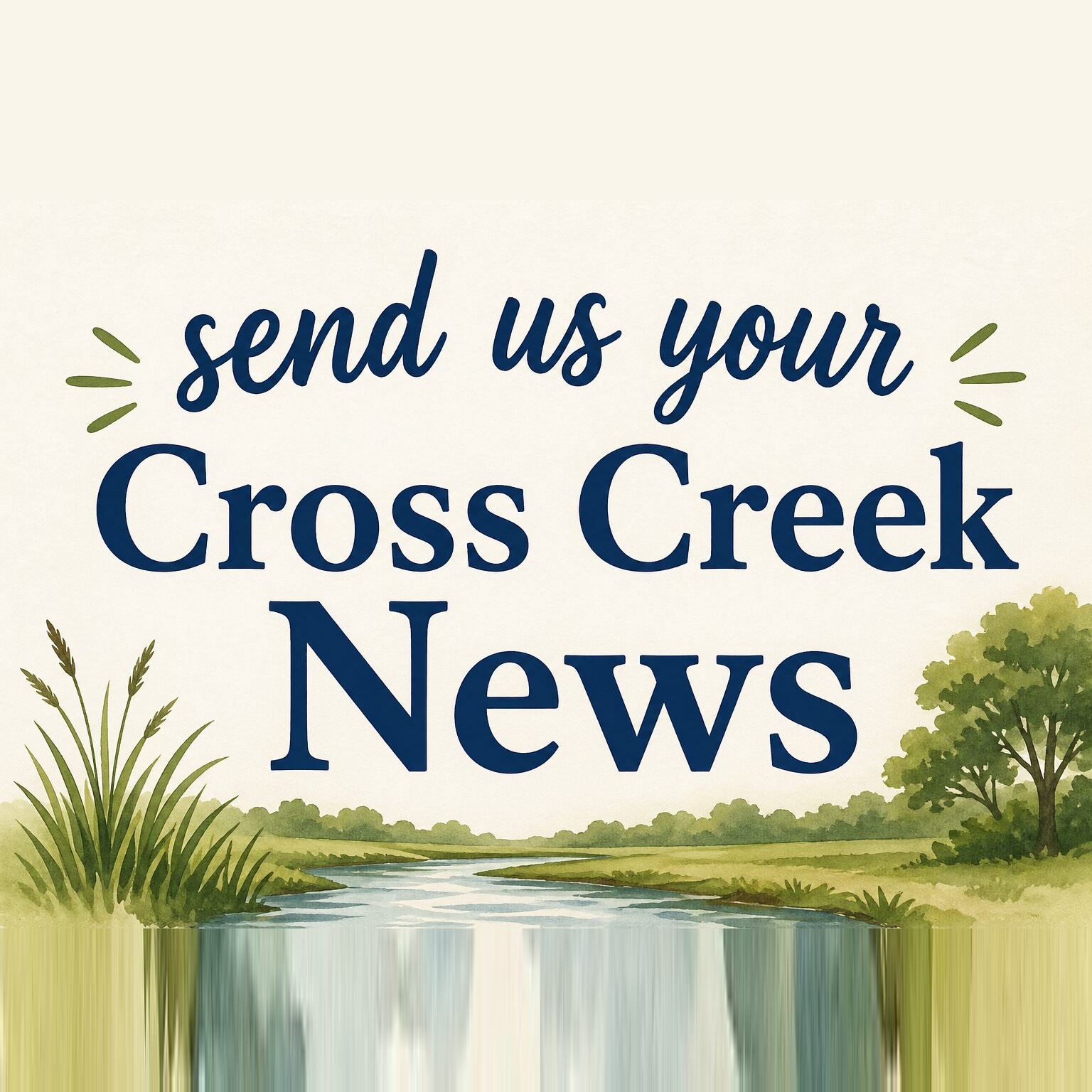 Watercolor creek scene with the words “send us your Cross Creek News”