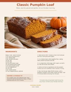 Sliced pumpkin loaf with pumpkins and pecans alongside, with recipe