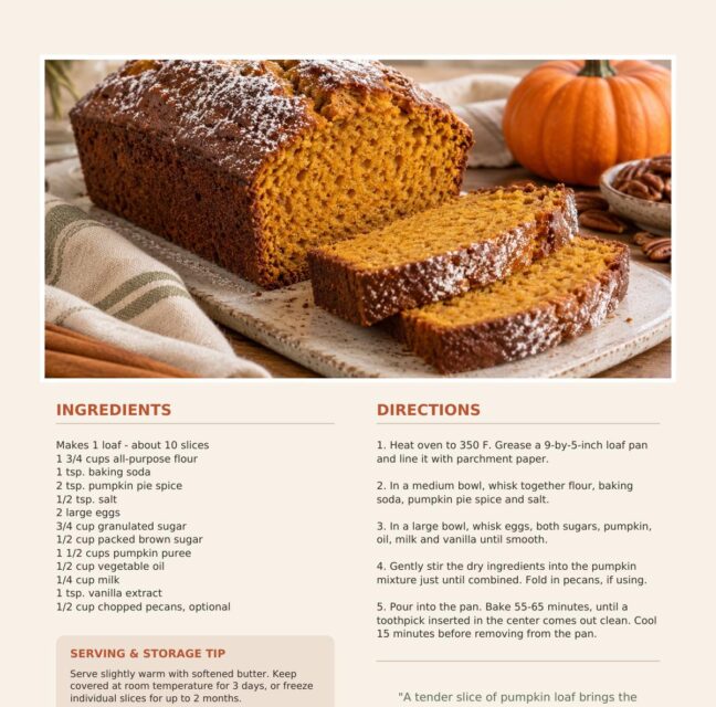 Sliced pumpkin loaf with pumpkins and pecans alongside, with recipe