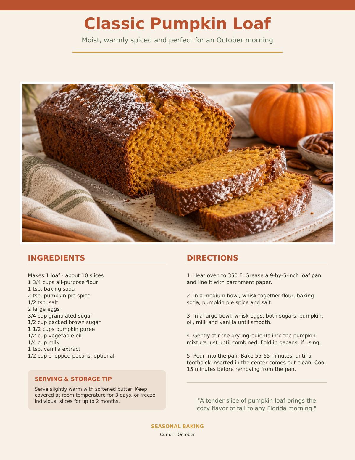 Sliced pumpkin loaf with pumpkins and pecans alongside, with recipe