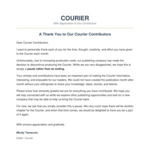 Letter from Courier editor Mindy Tamaccio thanking Cross Creek contributors
