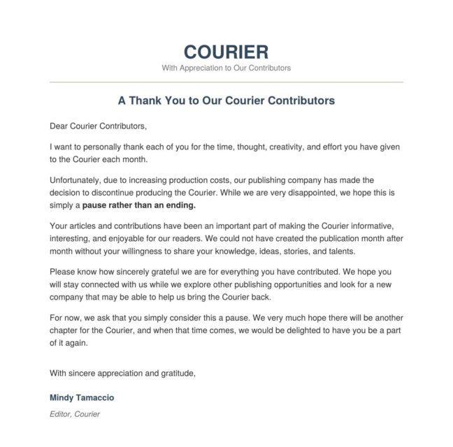 Letter from Courier editor Mindy Tamaccio thanking Cross Creek contributors