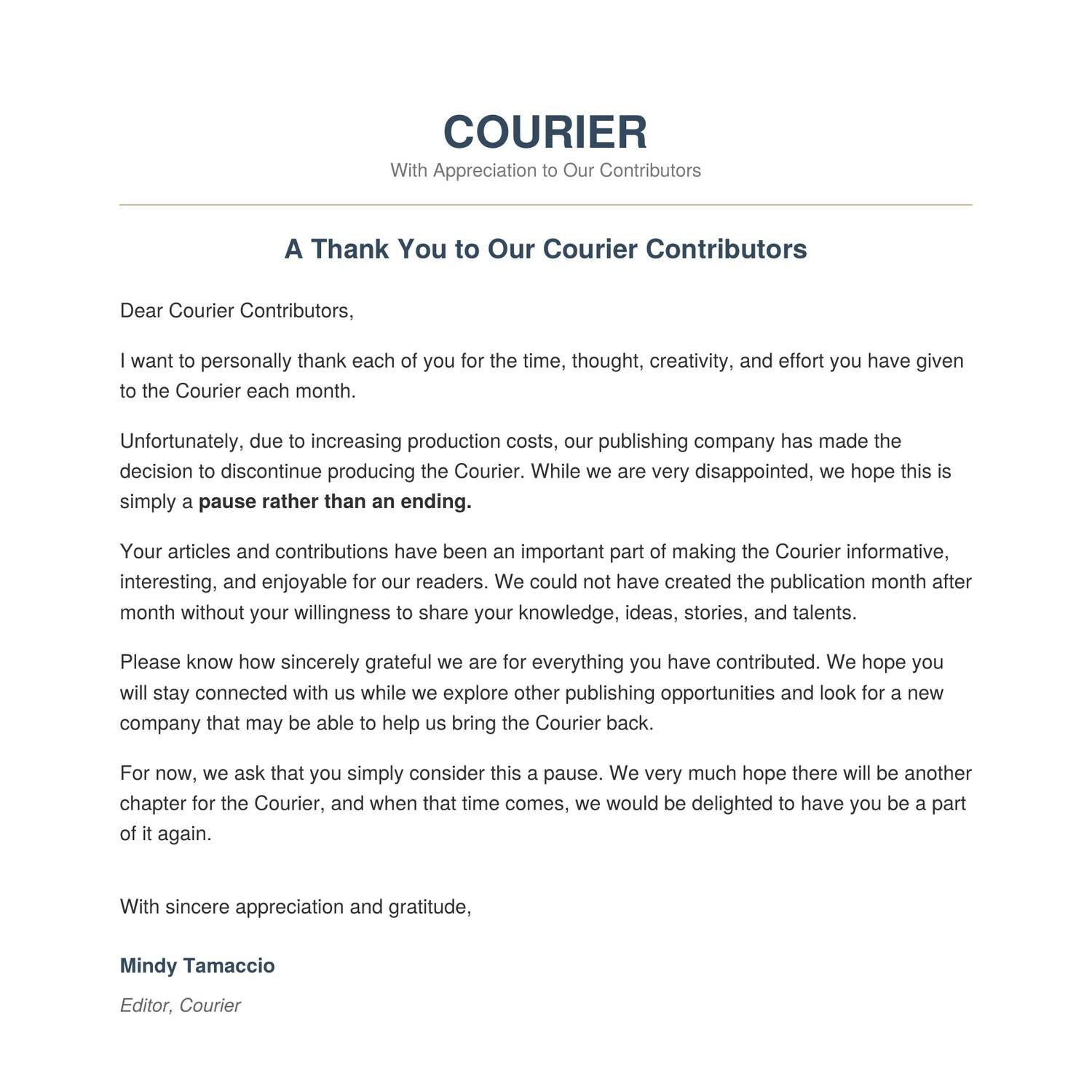 Letter from Courier editor Mindy Tamaccio thanking Cross Creek contributors
