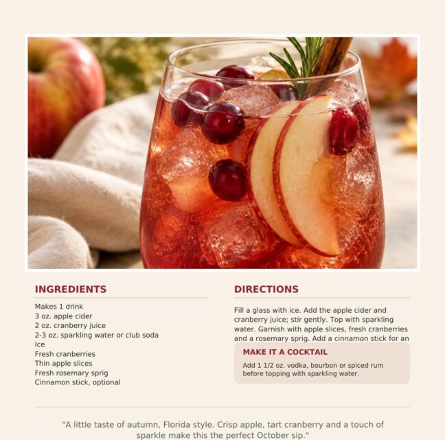 Cranberry apple cider spritz garnished with apple slices, cranberries and rosemary, with recipe