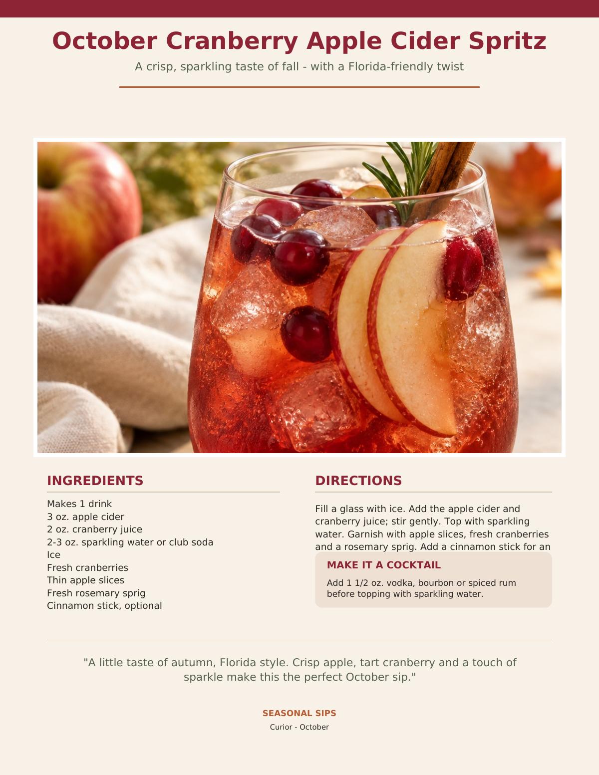 Cranberry apple cider spritz garnished with apple slices, cranberries and rosemary, with recipe