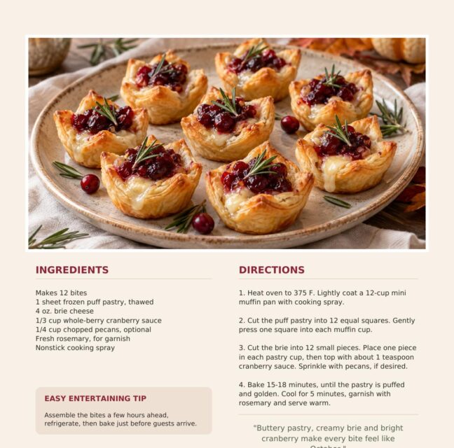 Cranberry brie bites topped with rosemary on a serving plate, with recipe