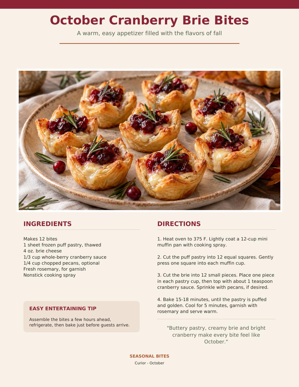 Cranberry brie bites topped with rosemary on a serving plate, with recipe