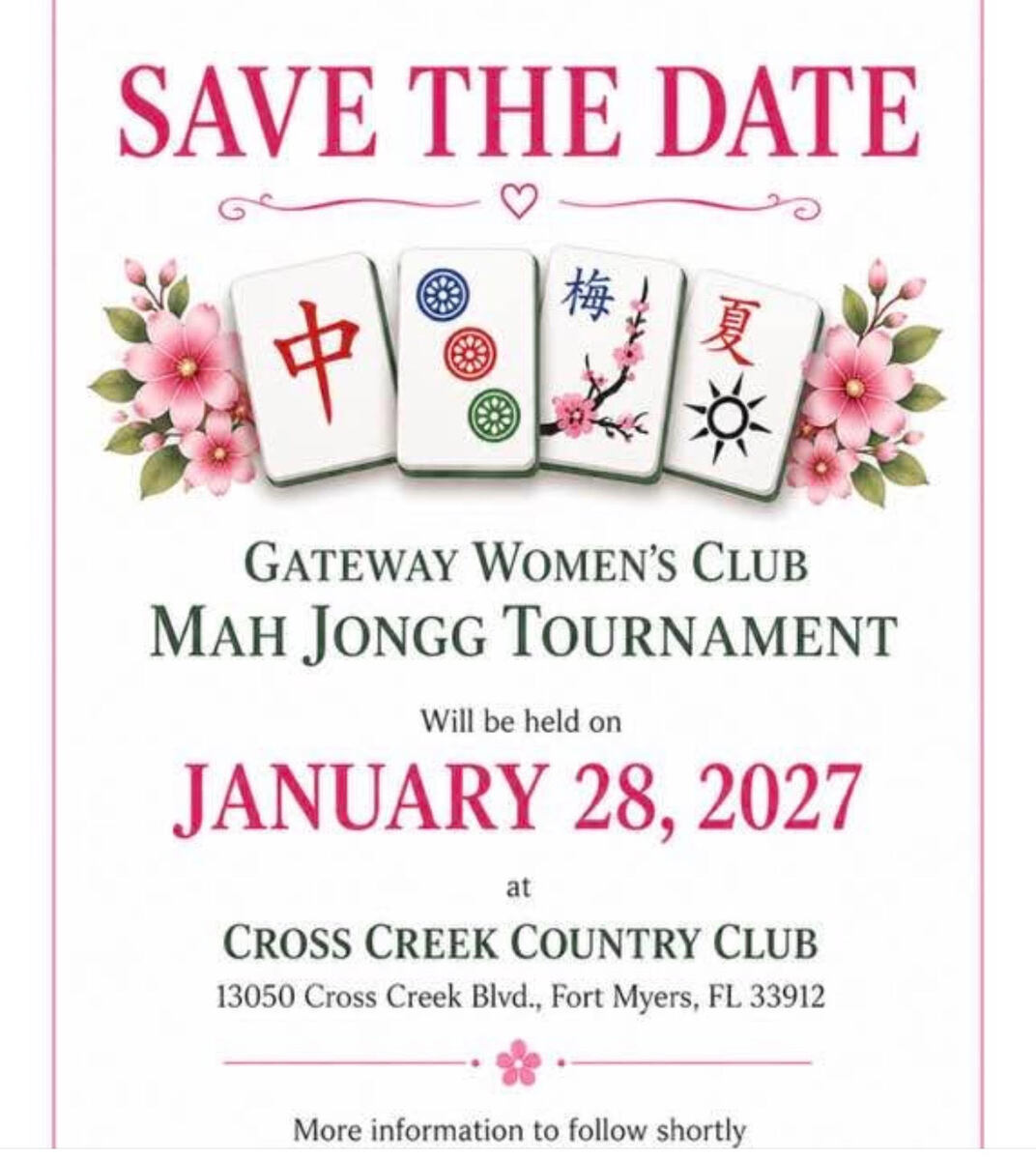 Save the date flyer for the Gateway Women’s Club Mah Jongg Tournament at Cross Creek
