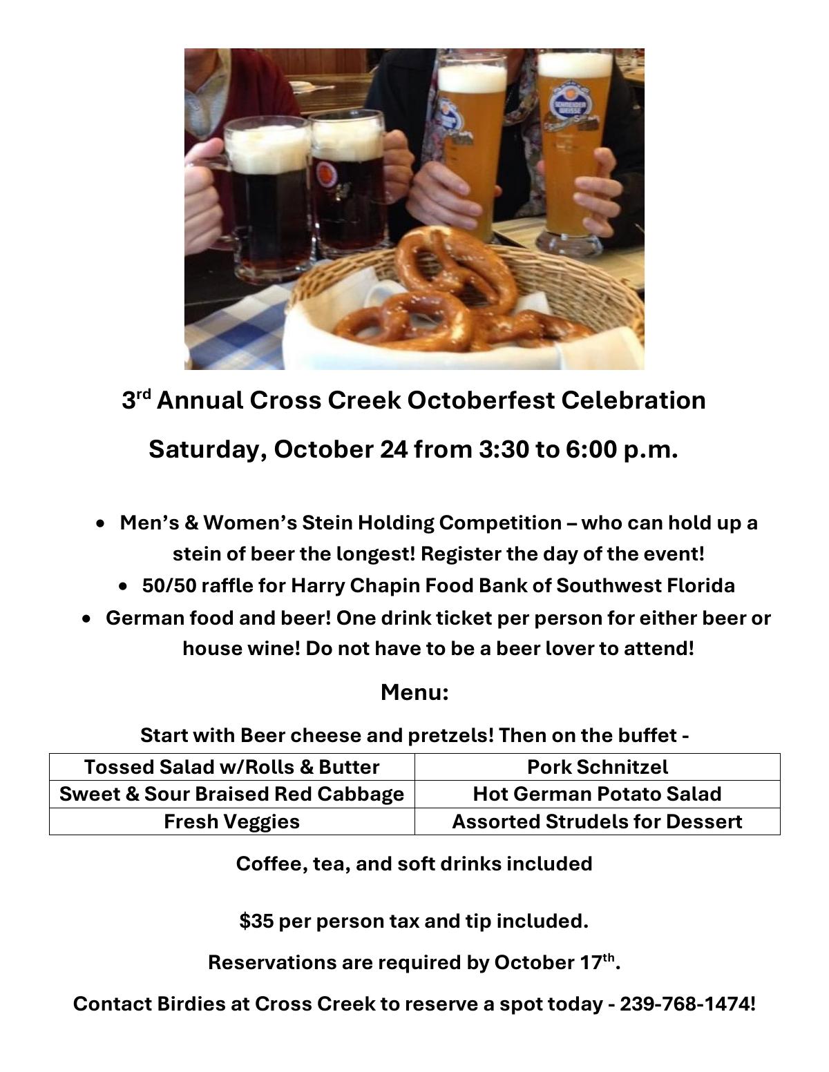Flyer for the 3rd Annual Cross Creek Octoberfest Celebration on October 24